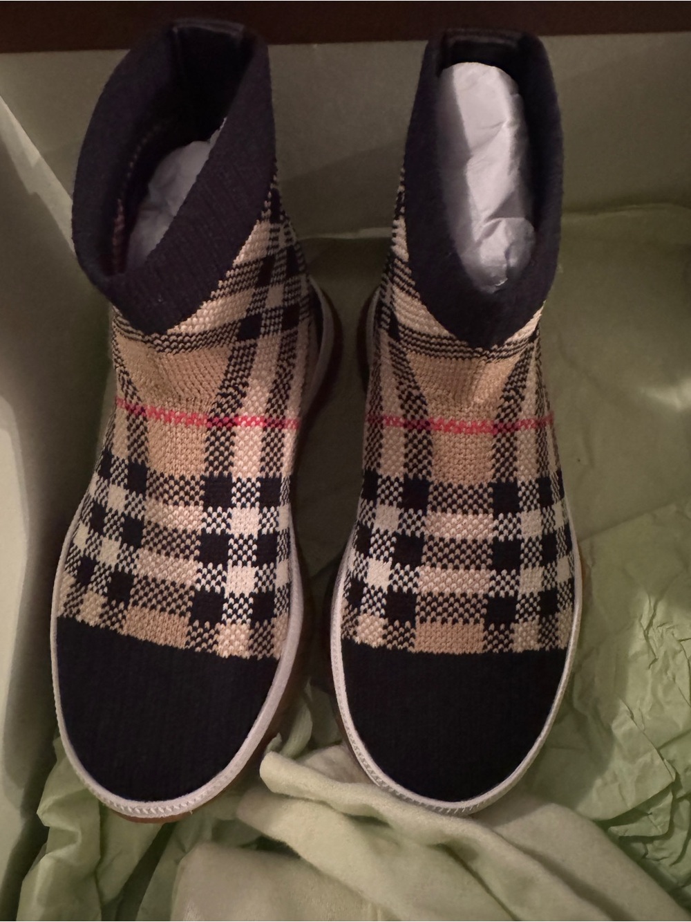 Burberry Plaid Sock-Style Ankle Sneakers - Black/Tan/Gum - Picture 3 of 11
